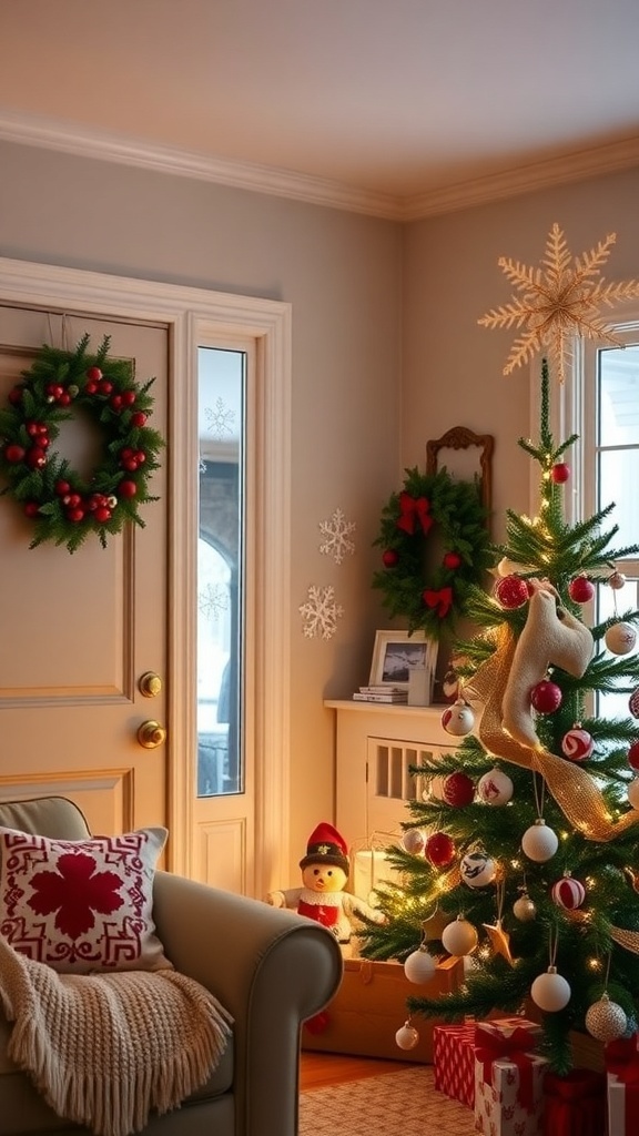 A festive living room with DIY Christmas decorations, including a wreath, snowflakes, and a decorated tree.